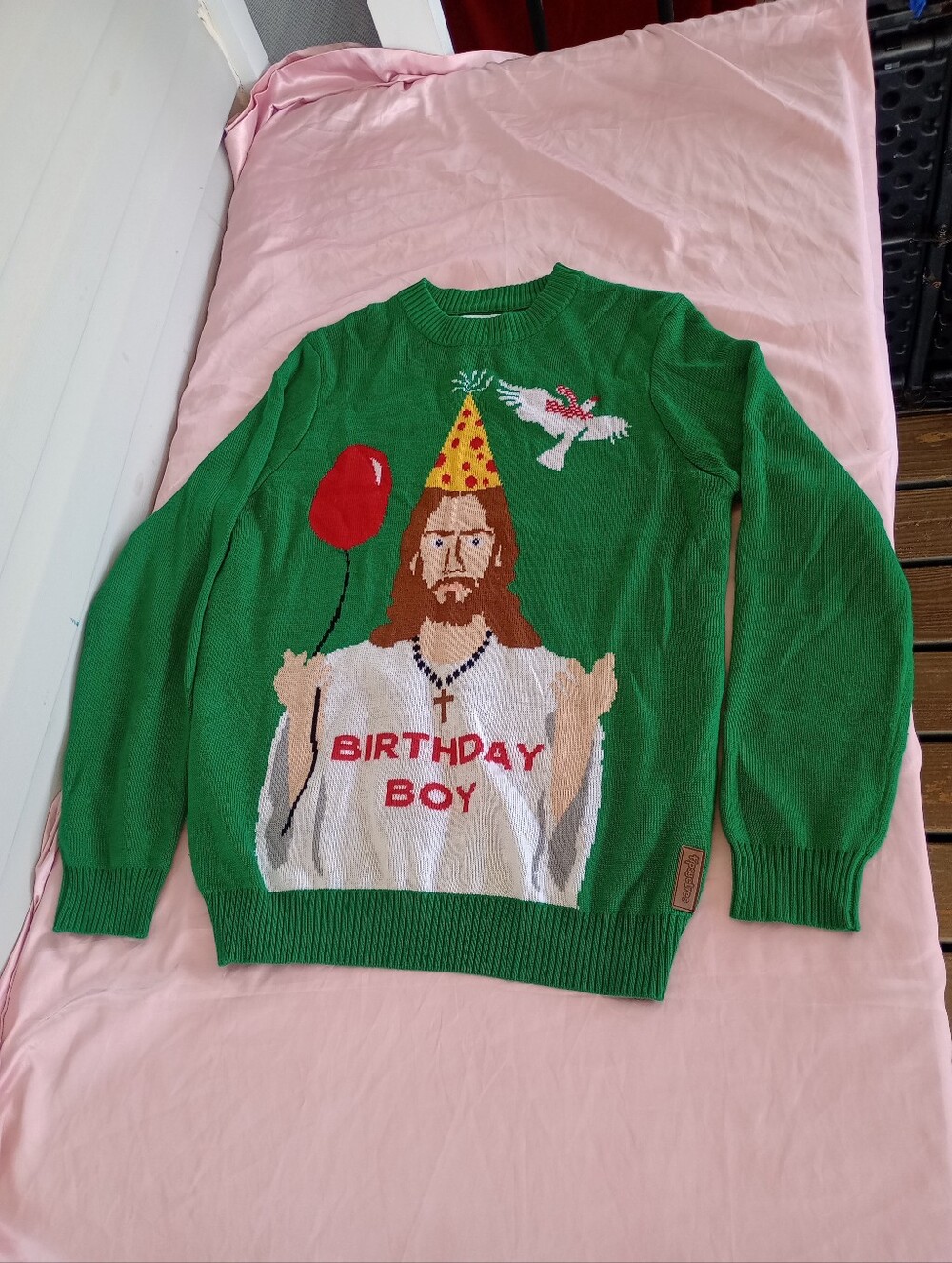 TIPSY ELVES Men’s Size Large Ugly Christmas Sweater JESUS BIRTHDAY BOY Green